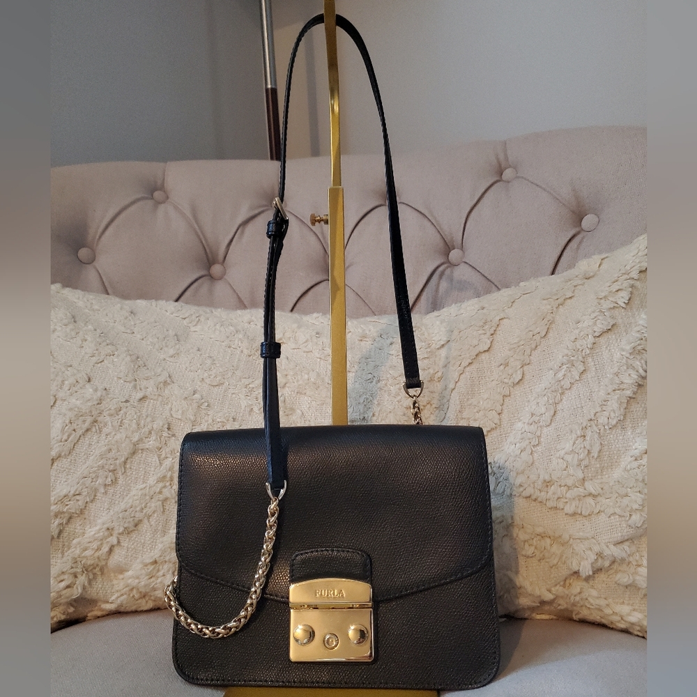 Furla Black Crossbody Bag with Gold Accents